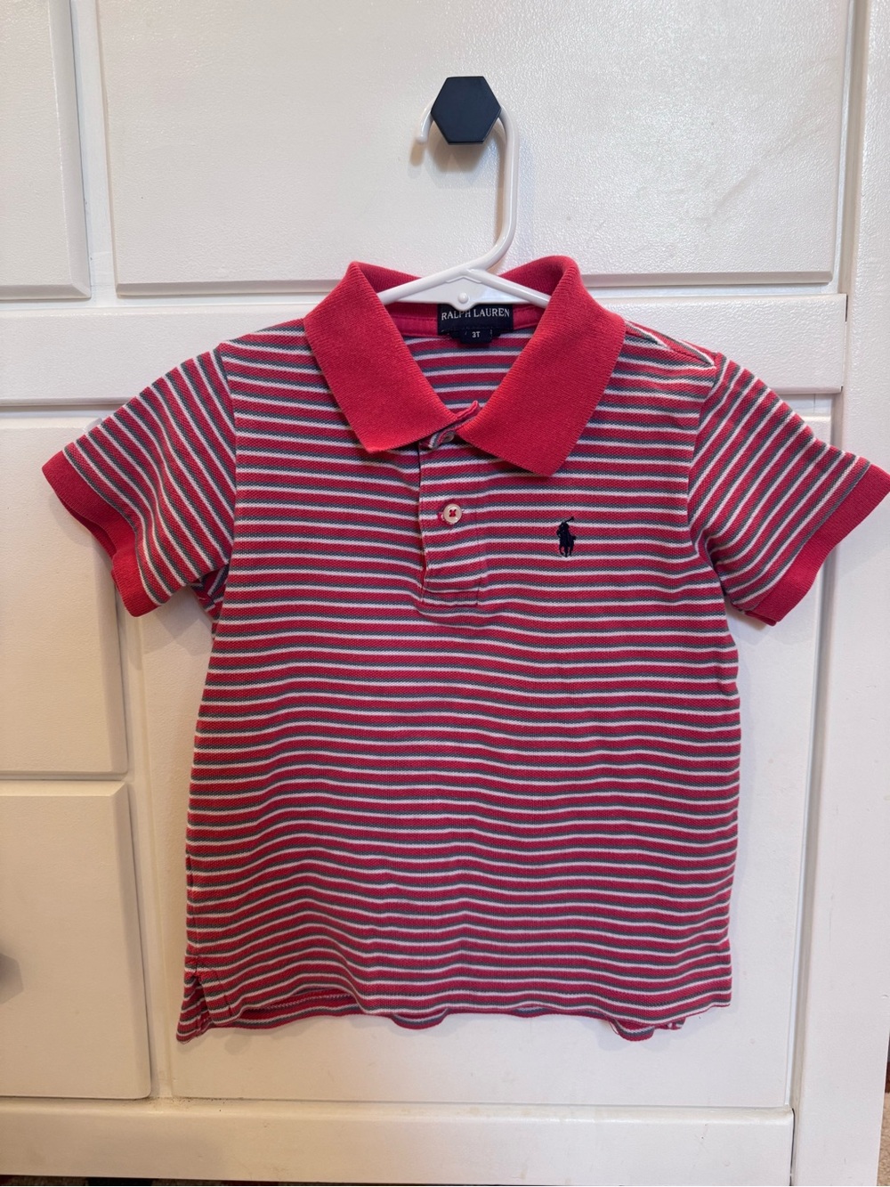 3T Ralph Lauren Red & White Striped Polo with Navy Pony